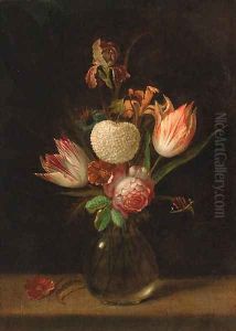Parrot tulips, a chrysanthemum, a rose, an iris and other flowers