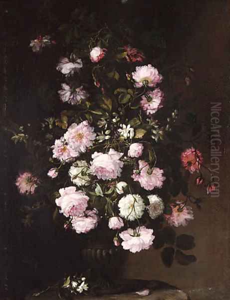 Roses and orange blossom in a vase on a pedestal - view 1