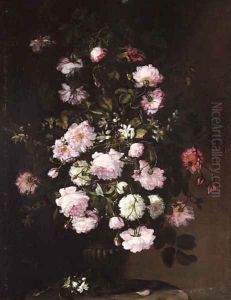 Roses and orange blossom in a vase on a pedestal by Rachel Ruysch