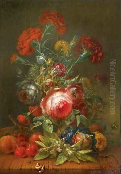 Roses, carnations, poppies and other flowers in a vase, with cherries, grapes and peaches on a wooden ledge - view 1