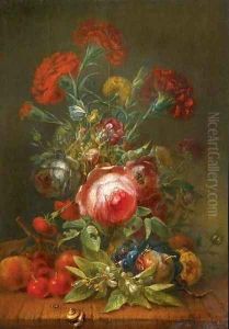 Roses, carnations, poppies and other flowers in a vase, with cherries, grapes and peaches on a wooden ledge by Rachel Ruysch