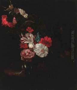 Roses, tulips, a poppy, nasturtiums, marigolds and other flowers in a vase, and a tortoiseshell butterfly on a partly draped marble ledge by Rachel Ruysch