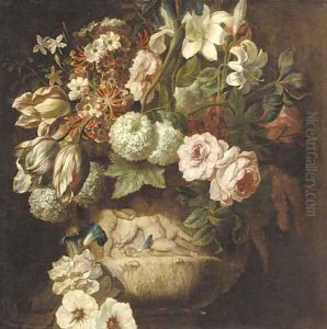 Roses, tulips, daffodils, chrysanthemums, morning glory, narcissi and other flowers in an urn decorated with putti - a fragment by Rachel Ruysch