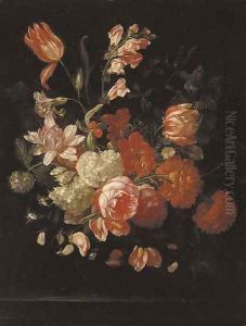 Tulips, roses, chrysanthemums, carnations, morning glory and other flowers in a glass vase on a ledge by Rachel Ruysch