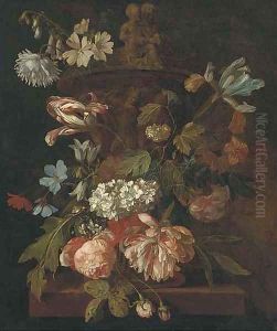 Roses, a parrot tulip, morning glory, narcissi and other flowers, with a snail, around a stone urn on a ledge by Rachel Ruysch
