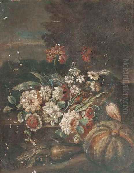 Mixed flowers in a glass of water with a melon - view 1