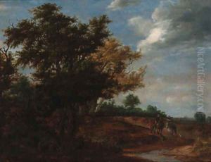 An extensive wooded landscape with travellers and a beggar on a path, Haarlem in the distance