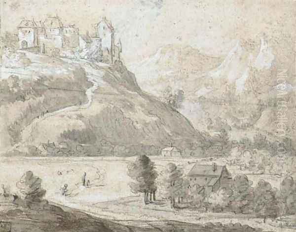 A castle on a hill in a mountainous landscape - view 1