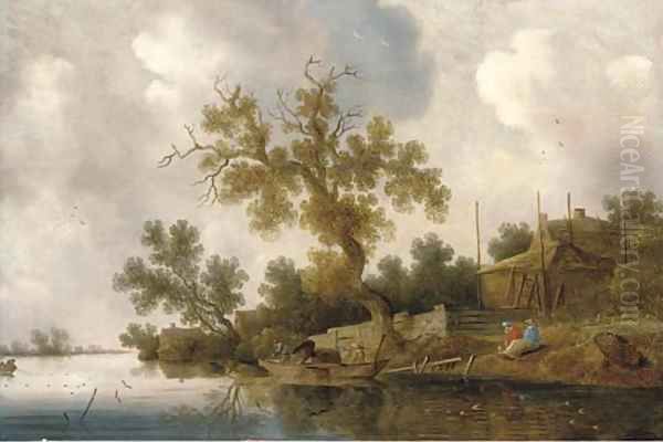 A wooded river landscape with fishermen and other figures - view 1
