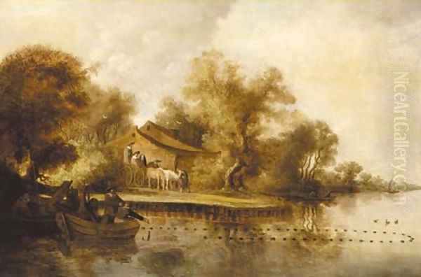 A river landscape with fishermen pulling in their catch - view 1