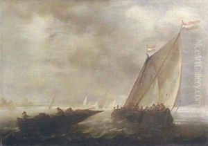 A sailing vessel and a rowing boat in a stiff breeze by Salomon van Ruysdael