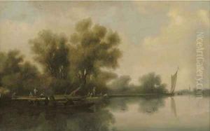 A wooded river landscape with a ferry and other boats by Salomon van Ruysdael