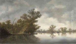 A wooded river landscape with fisherman in boats