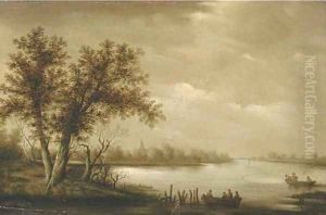 A wooded river landscape with fishermen bringing in their catch by Salomon van Ruysdael