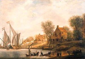 A wooded river landscape with townsfolk disembarking