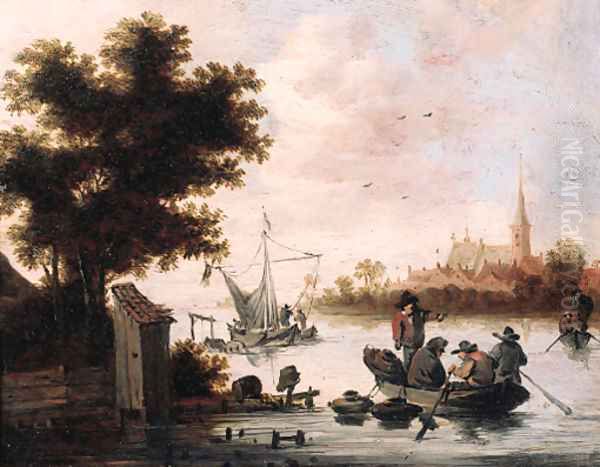 Fishermen laying lobster pots from a rowing boat on a river - view 1