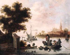 Fishermen laying lobster pots from a rowing boat on a river by Salomon van Ruysdael