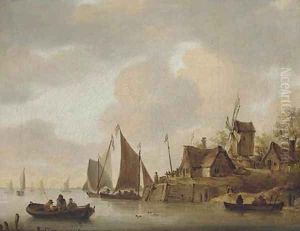An estuary scene with figures on the bank and in rowing boats beside a windmill