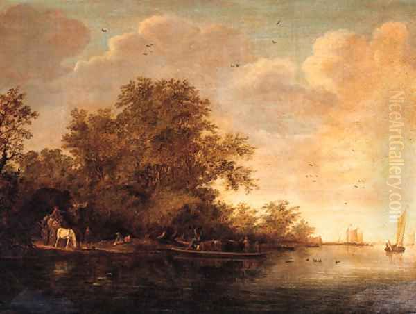 Travellers on a horse and a wagon by a landing stage by a river, peasants and cattle on a ferry nearby, on a cloudy day - view 1