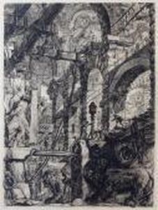 A Series Of Galleries With Round
Arches And A Crane-like Erection Of Beams In The Right Foreground by Giovanni Battista Piranesi