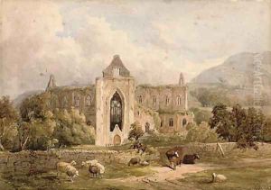 Cattle and sheep before abbey ruins (illustrated); and Figures before a riverside castle by William Richardson