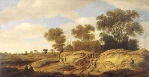 A dune landscape with figures by a farm, church spires in the distance by Isack Van Ruysdael