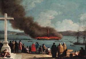The Burning of the Frigate Graca Divina in the harbor of La Valetta, Malta