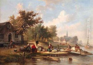 View of a town along a river with townsfolk on a jetty