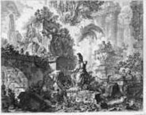 Frontispiece, With Statue Of
Minerva; Hadrianeum In The Piazza Di Peitra; Pyramid Of Caius Cestius;
Temple Of Portunus; And Temple Of The Sibyl, Tivoli by Giovanni Battista Piranesi