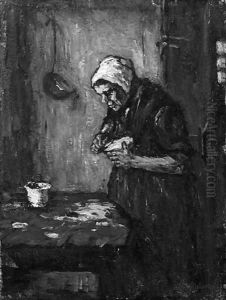 An old woman peeling potatoes by Suze Robertson