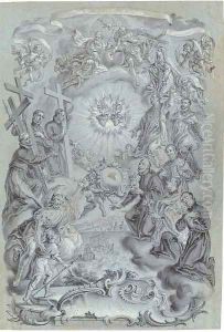 The Trinity and Saints surrounding the Sacred Hearts of Christ and the Virgin Mary, a coastal landscape below The Trinity and Saints surrounding the Sacred Hearts of Christ and the Virgin Mary, a coastal landscape below