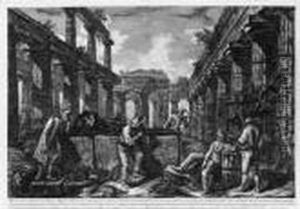 Differentes Vues De Quelques
Restes De Trois Grands Edifices Quisubsistent Encore Dans Le Milieu De
L'ancienne Ville De Pesto (f.583-599; W.-e. 717-737) by Giovanni Battista Piranesi