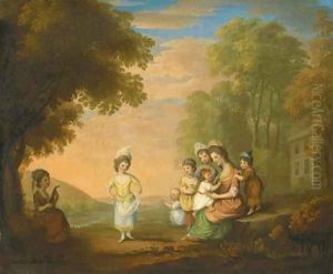 A lady and her children by a cottage in a landscape by Katherine Read