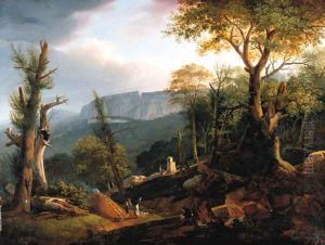An extensive mountainous landscape with an artist sketching by Polydore Roux