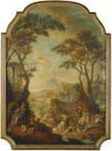 A Wooded River Landscape With A Hunting Party In The Foreground by Giovanni Battista Piranesi