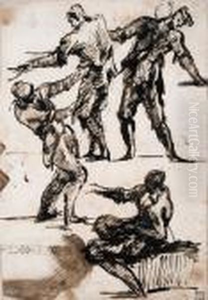 Studies Of Four Figures, Three 
Standing And One Seated Pointing Tothe Left, With A Study Of A Bead And 
Reel Frieze - view 1
