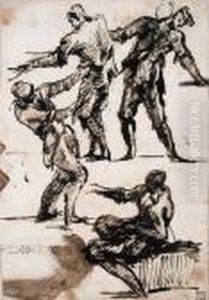 Studies Of Four Figures, Three 
Standing And One Seated Pointing Tothe Left, With A Study Of A Bead And 
Reel Frieze
