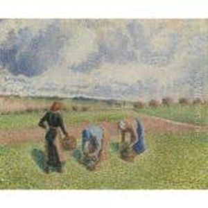 Paysannes Ramassant Des Herbes, Eragny by Camille Pissarro