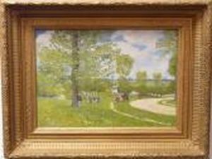 Cattle By A Road In A Wooded Landscape by Camille Pissarro