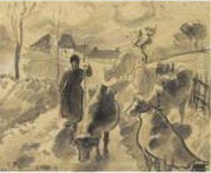Girl Leading A Herd Of Cows Along A Road