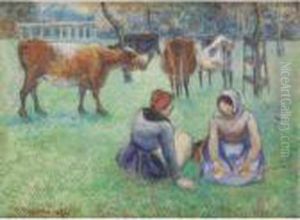 Paysannes Assises Gardant Des Vaches