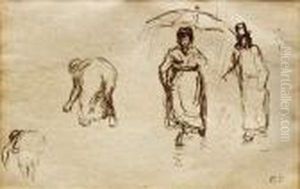 Femmes A L'ombrelle Et Etude De Canards by Camille Pissarro
