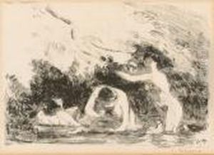 Baigneuses A L'ombre Des Berges Boisees by Camille Pissarro