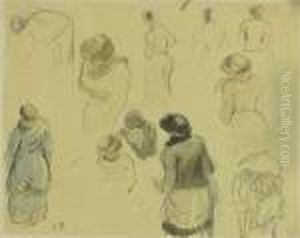 Feuille D""""esquisses Prises 
D""""un Hotel Sur La Rue, Avec Differentes Figures Et Un Couple Sous Le 
Parapluie En Bas A Droite by Camille Pissarro