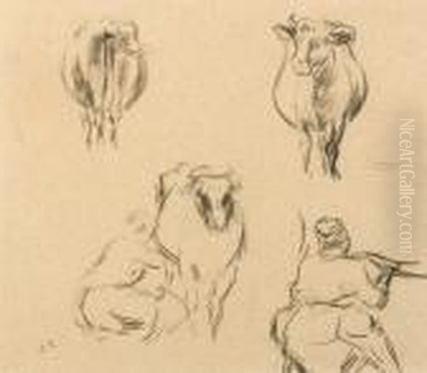 Quatre Etudes ; Deux Croquis
D'une Femme Trayant Une Vache Et Deux Etudes De Vaches De Face Et De
Fesse - view 1