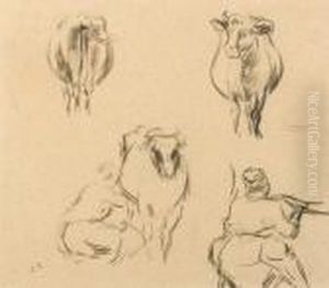 Quatre Etudes ; Deux Croquis 
D'une Femme Trayant Une Vache Et Deux Etudes De Vaches De Face Et De 
Fesse