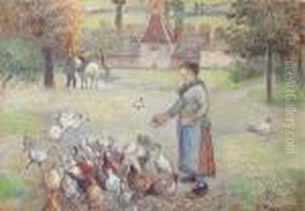 Femme Distribuant Du Grain A Des Poules, Ferme A Bazincourt - view 1