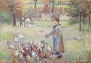 Femme Distribuant Du Grain A Des Poules, Ferme A Bazincourt Femme Distribuant Du Grain A Des Poules, Ferme A Bazincourt