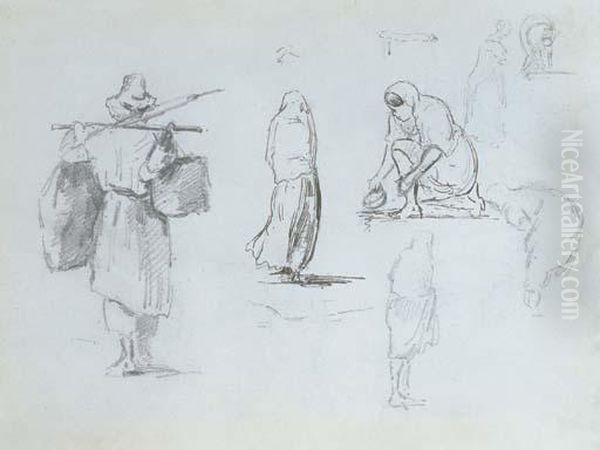 Un Homme Portant Deux Paniers Et Etudes De Femmes - view 1