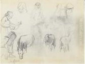 A Man In Profile To The Left Playing A Guitar by Camille Pissarro